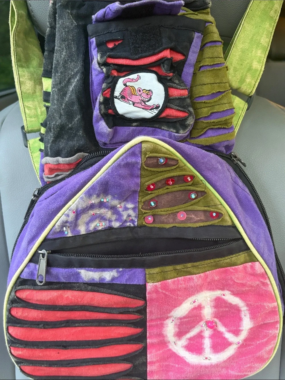 Boho Patchwork Peace Sign Women's Crossbody Bag in Pink & Purple